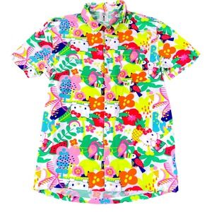 Hello Kitty Button Up Shirt Mens M Multi Tropical Flamingo Toucan Aloha Summer‎